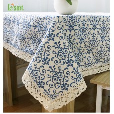 Pastoral de algodón y lino tela de mesa rectangular Encaje borde azul y blanco mantel porcelana impreso ali-57873927